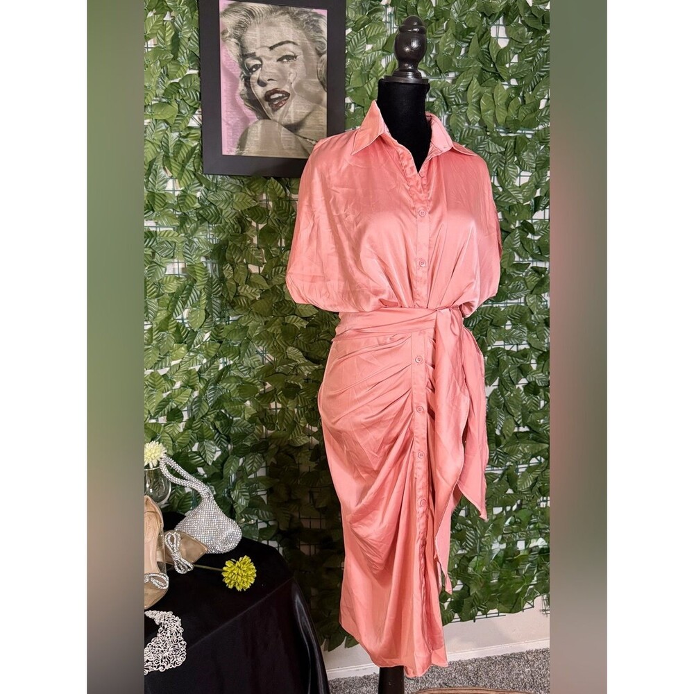 Twenty Coral Pink Button-Front Maxi Dress with Waist Tie